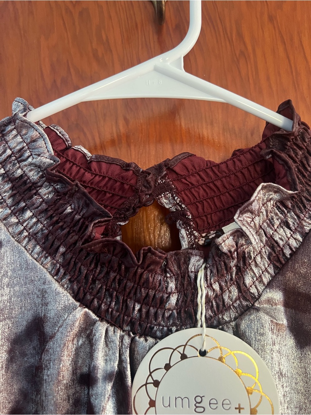 Umgee Maroon and Silver Tie-Dye Smocked Neck Tunic - Picture 4 of 11